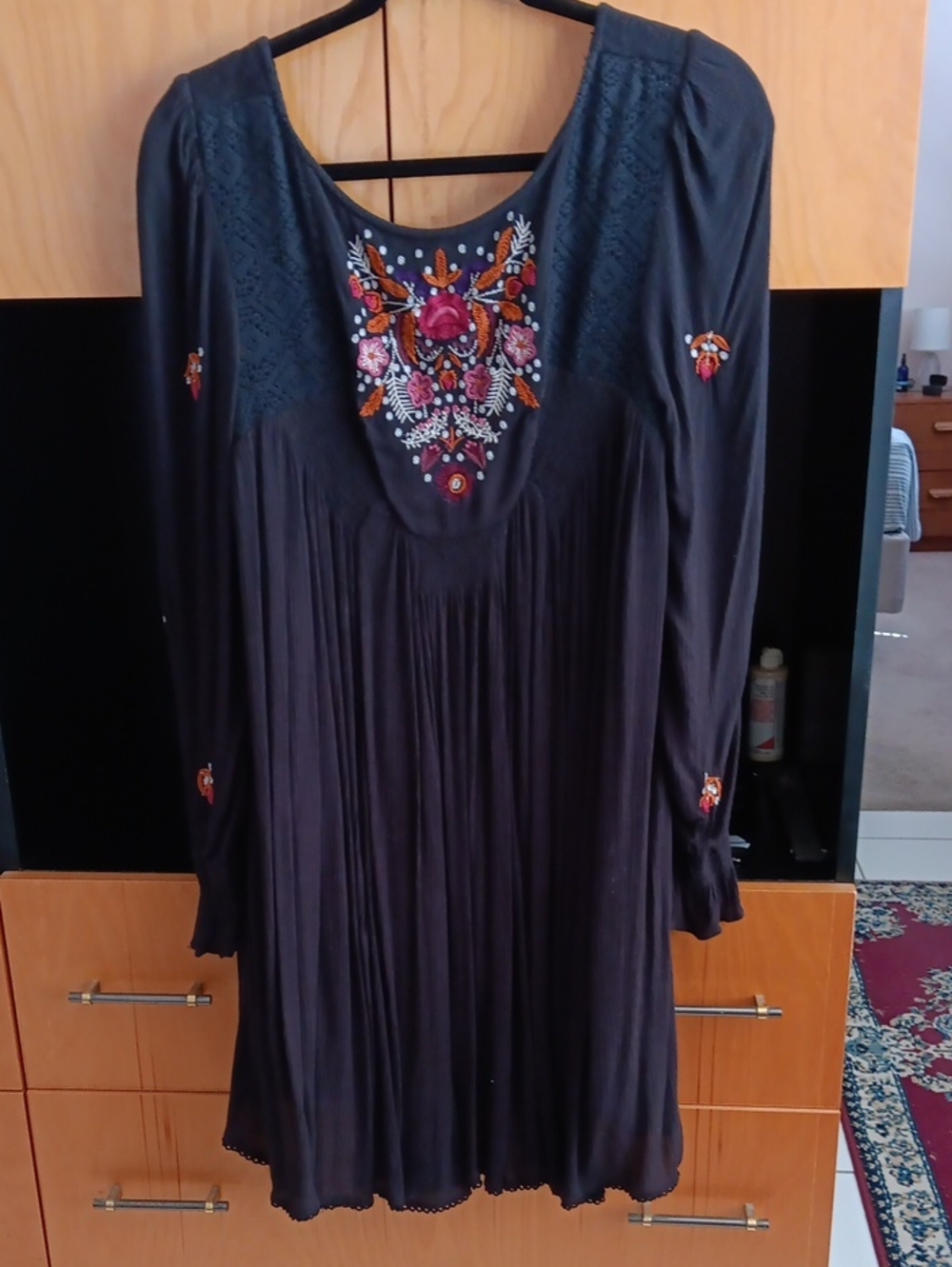 Free People Black Long-Sleeve Embroidered Boho Dress
